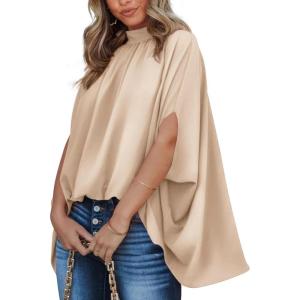 imageBTFBM Women Mock Neck Summer Tops 2025 Spring Batwing Short Sleeve Loose High Low Hem Casual Oversized Blouses ShirtsBeige