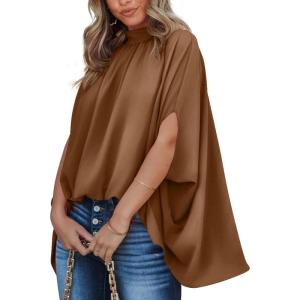imageBTFBM Women Mock Neck Summer Tops 2025 Spring Batwing Short Sleeve Loose High Low Hem Casual Oversized Blouses ShirtsBrown
