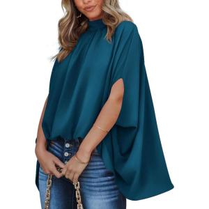imageBTFBM Women Mock Neck Summer Tops 2025 Spring Batwing Short Sleeve Loose High Low Hem Casual Oversized Blouses ShirtsDark Blue