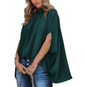 imageBTFBM Women Mock Neck Summer Tops 2025 Spring Batwing Short Sleeve Loose High Low Hem Casual Oversized Blouses ShirtsDark Green