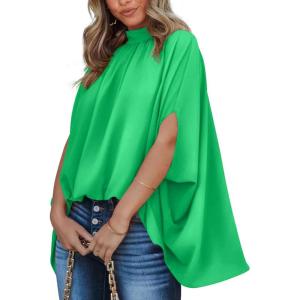 imageBTFBM Women Mock Neck Summer Tops 2025 Spring Batwing Short Sleeve Loose High Low Hem Casual Oversized Blouses ShirtsGrass Green