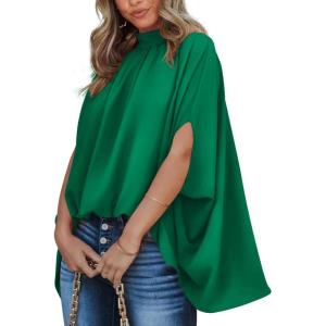 imageBTFBM Women Mock Neck Summer Tops 2025 Spring Batwing Short Sleeve Loose High Low Hem Casual Oversized Blouses ShirtsGreen