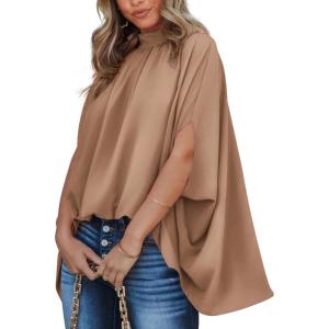 imageBTFBM Women Mock Neck Summer Tops 2025 Spring Batwing Short Sleeve Loose High Low Hem Casual Oversized Blouses ShirtsKhaki