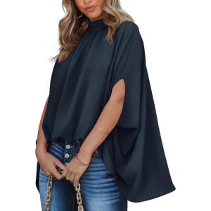 imageBTFBM Women Mock Neck Summer Tops 2025 Spring Batwing Short Sleeve Loose High Low Hem Casual Oversized Blouses ShirtsNavy