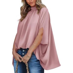 imageBTFBM Women Mock Neck Summer Tops 2025 Spring Batwing Short Sleeve Loose High Low Hem Casual Oversized Blouses ShirtsPink