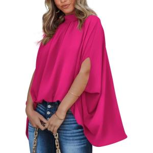 imageBTFBM Women Mock Neck Summer Tops 2025 Spring Batwing Short Sleeve Loose High Low Hem Casual Oversized Blouses ShirtsRose Red