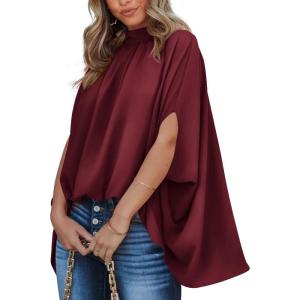 imageBTFBM Women Mock Neck Summer Tops 2025 Spring Batwing Short Sleeve Loose High Low Hem Casual Oversized Blouses ShirtsWine Red