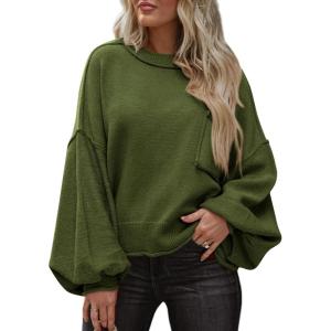 imageBTFBM Womens Lantern Long Sleeve Sweaters 2025 Winter Casual Crewneck Outfits Ribbed Hem Knitwear Fall Pullover TopsArmy Green