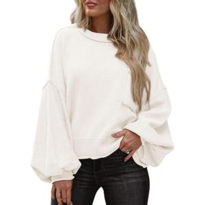 imageBTFBM Womens Lantern Long Sleeve Sweaters 2025 Winter Casual Crewneck Outfits Ribbed Hem Knitwear Fall Pullover TopsBeige White