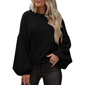 imageBTFBM Womens Lantern Long Sleeve Sweaters 2025 Winter Casual Crewneck Outfits Ribbed Hem Knitwear Fall Pullover TopsBlack