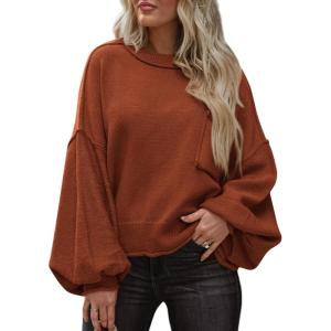 imageBTFBM Womens Lantern Long Sleeve Sweaters 2025 Winter Casual Crewneck Outfits Ribbed Hem Knitwear Fall Pullover TopsBrown Orange