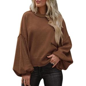 imageBTFBM Womens Lantern Long Sleeve Sweaters 2025 Winter Casual Crewneck Outfits Ribbed Hem Knitwear Fall Pullover TopsCamel