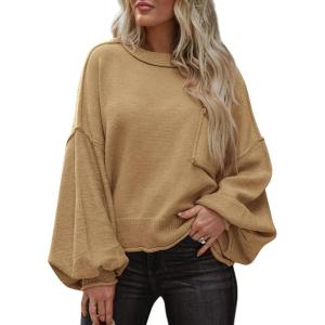 imageBTFBM Womens Lantern Long Sleeve Sweaters 2025 Winter Casual Crewneck Outfits Ribbed Hem Knitwear Fall Pullover TopsKhaki