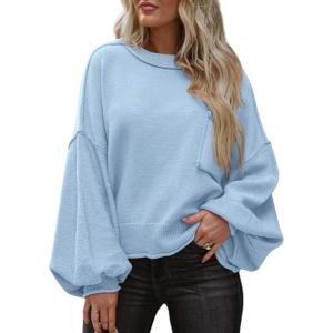 imageBTFBM Womens Lantern Long Sleeve Sweaters 2025 Winter Casual Crewneck Outfits Ribbed Hem Knitwear Fall Pullover TopsLight Blue