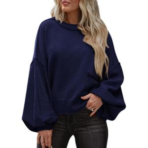 imageBTFBM Womens Lantern Long Sleeve Sweaters 2025 Winter Casual Crewneck Outfits Ribbed Hem Knitwear Fall Pullover TopsNavy