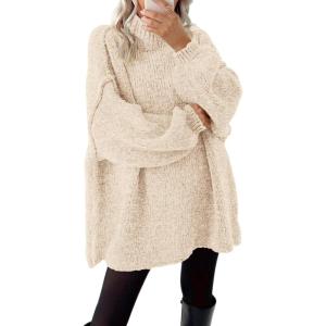 imageBTFBM Womens Long Pullover Sweaters 2025 Fall Winter Mock Neck Long Sleeve Thick Oversized Casual Knitted Jumper TopsApricot