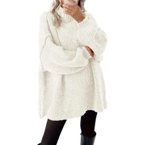 imageBTFBM Womens Long Pullover Sweaters 2025 Fall Winter Mock Neck Long Sleeve Thick Oversized Casual Knitted Jumper TopsBeige White