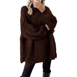 imageBTFBM Womens Long Pullover Sweaters 2025 Fall Winter Mock Neck Long Sleeve Thick Oversized Casual Knitted Jumper TopsBrown