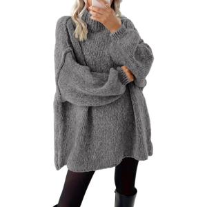 imageBTFBM Womens Long Pullover Sweaters 2025 Fall Winter Mock Neck Long Sleeve Thick Oversized Casual Knitted Jumper TopsGrey