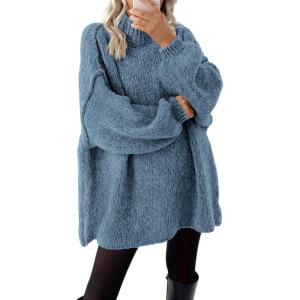 imageBTFBM Womens Long Pullover Sweaters 2025 Fall Winter Mock Neck Long Sleeve Thick Oversized Casual Knitted Jumper TopsGrey Blue