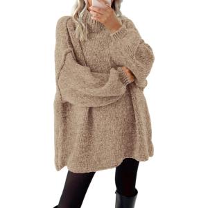 imageBTFBM Womens Long Pullover Sweaters 2025 Fall Winter Mock Neck Long Sleeve Thick Oversized Casual Knitted Jumper TopsKhaki