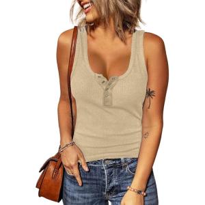 imageBTFBM Womens Summer Ribbed Tank Tops Crew Neck Button Down Slim Fit Basic Sleeveless Tunic Blouse Casual Henley ShirtsApricot