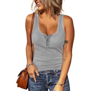 imageBTFBM Womens Summer Ribbed Tank Tops Crew Neck Button Down Slim Fit Basic Sleeveless Tunic Blouse Casual Henley ShirtsGrey
