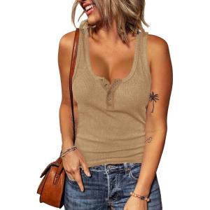 imageBTFBM Womens Summer Ribbed Tank Tops Crew Neck Button Down Slim Fit Basic Sleeveless Tunic Blouse Casual Henley ShirtsLight Khaki