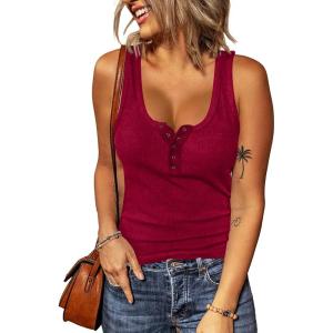 imageBTFBM Womens Summer Ribbed Tank Tops Crew Neck Button Down Slim Fit Basic Sleeveless Tunic Blouse Casual Henley ShirtsWine Red