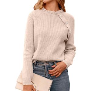 imageBTFBM Womens Sweaters Fall Winter Clothes 2025 Long Sleeve Button Down Ruffle Crew Neck Casual Knitted Pullover TopsOblique Apricot