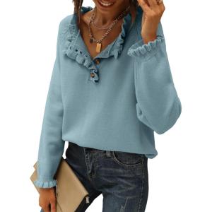 imageBTFBM Womens Sweaters Fall Winter Clothes 2025 Long Sleeve Button Down Ruffle Crew Neck Casual Knitted Pullover TopsSolid Blue