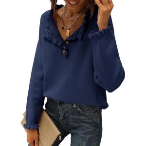 imageBTFBM Womens Sweaters Fall Winter Clothes 2025 Long Sleeve Button Down Ruffle Crew Neck Casual Knitted Pullover TopsSolid Bright Blue