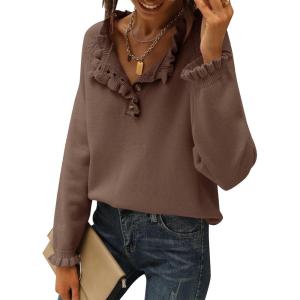 imageBTFBM Womens Sweaters Fall Winter Clothes 2025 Long Sleeve Button Down Ruffle Crew Neck Casual Knitted Pullover TopsSolid Brown Camel