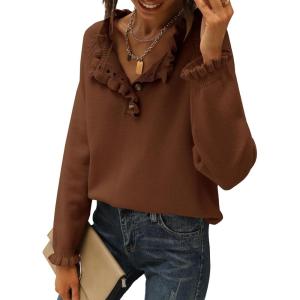 imageBTFBM Womens Sweaters Fall Winter Clothes 2025 Long Sleeve Button Down Ruffle Crew Neck Casual Knitted Pullover TopsSolid Brown Coffee