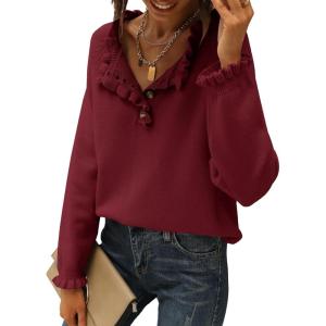 imageBTFBM Womens Sweaters Fall Winter Clothes 2025 Long Sleeve Button Down Ruffle Crew Neck Casual Knitted Pullover TopsSolid Jujube Red
