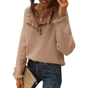 imageBTFBM Womens Sweaters Fall Winter Clothes 2025 Long Sleeve Button Down Ruffle Crew Neck Casual Knitted Pullover TopsSolid Khaki