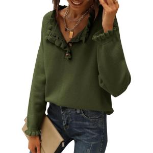 imageBTFBM Womens Sweaters Fall Winter Clothes 2025 Long Sleeve Button Down Ruffle Crew Neck Casual Knitted Pullover TopsSolid Olive Green