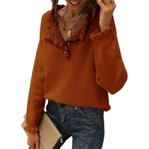 imageBTFBM Womens Sweaters Fall Winter Clothes 2025 Long Sleeve Button Down Ruffle Crew Neck Casual Knitted Pullover TopsSolid Orange Yellow