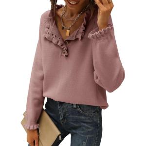 imageBTFBM Womens Sweaters Fall Winter Clothes 2025 Long Sleeve Button Down Ruffle Crew Neck Casual Knitted Pullover TopsSolid Pink
