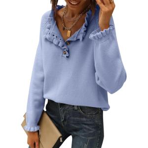 imageBTFBM Womens Sweaters Fall Winter Clothes 2025 Long Sleeve Button Down Ruffle Crew Neck Casual Knitted Pullover TopsSolid Sky Blue