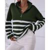 imageBTFBM Women 2025 Casual Long Sleeve Zip Striped Pullover Sweaters V Neck Collar Ribbed Knit Fall Winter Slouchy JumpersStriped Army Green