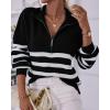 imageBTFBM Women 2025 Casual Long Sleeve Zip Striped Pullover Sweaters V Neck Collar Ribbed Knit Fall Winter Slouchy JumpersStriped Black