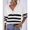 imageBTFBM Women 2025 Casual Long Sleeve Zip Striped Pullover Sweaters V Neck Collar Ribbed Knit Fall Winter Slouchy JumpersStriped White