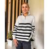 imageBTFBM Women 2025 Casual Long Sleeve Zip Striped Pullover Sweaters V Neck Collar Ribbed Knit Fall Winter Slouchy JumpersStriped White