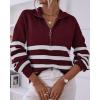 imageBTFBM Women 2025 Casual Long Sleeve Zip Striped Pullover Sweaters V Neck Collar Ribbed Knit Fall Winter Slouchy JumpersStriped Wine Red