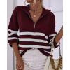 imageBTFBM Women 2025 Casual Long Sleeve Zip Striped Pullover Sweaters V Neck Collar Ribbed Knit Fall Winter Slouchy JumpersStriped Wine Red
