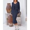 imageBTFBM Women Fall Knit Sweater Dress Set Bodycon Slit Midi Dresses Button Down Long Sleeve Cropped Cardigan 2 Piece SetsNavy