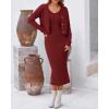 imageBTFBM Women Fall Knit Sweater Dress Set Bodycon Slit Midi Dresses Button Down Long Sleeve Cropped Cardigan 2 Piece SetsWine Red