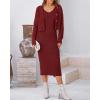 imageBTFBM Women Fall Knit Sweater Dress Set Bodycon Slit Midi Dresses Button Down Long Sleeve Cropped Cardigan 2 Piece SetsWine Red