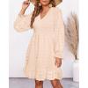 imageBTFBM Women Smocked Short Dress V Neck Long Sleeve Casual Swiss Dot Ruffle Chiffon Flowy Mini Summer Spring Dresses 2025Apricot